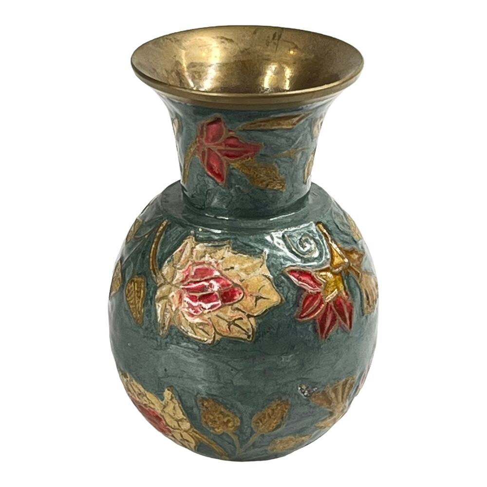 Vintage Enameled BRASS VASE 4" Mini Flower Vase Green Gold Metal Container India